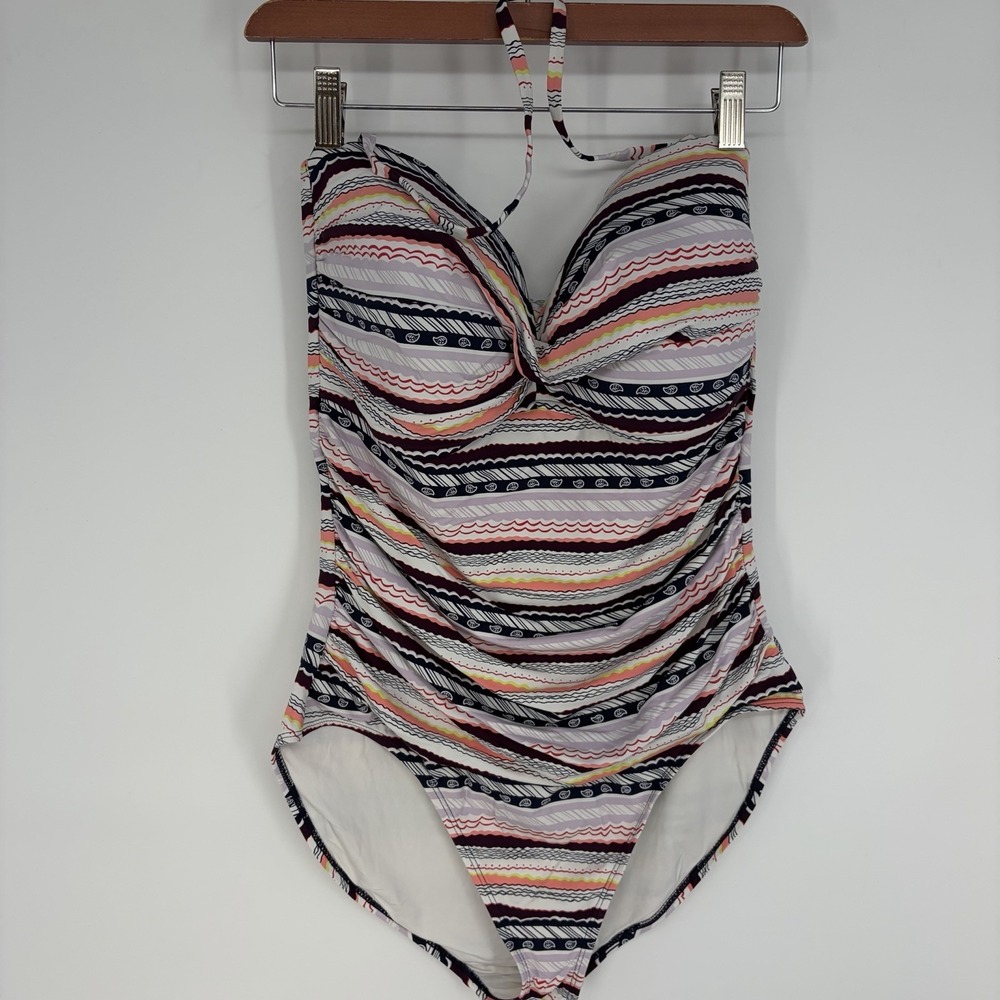 Anne Cole Striped Twist Front 1 Piece Swimsuit 16 Multicolor Bandeau Beach Swim